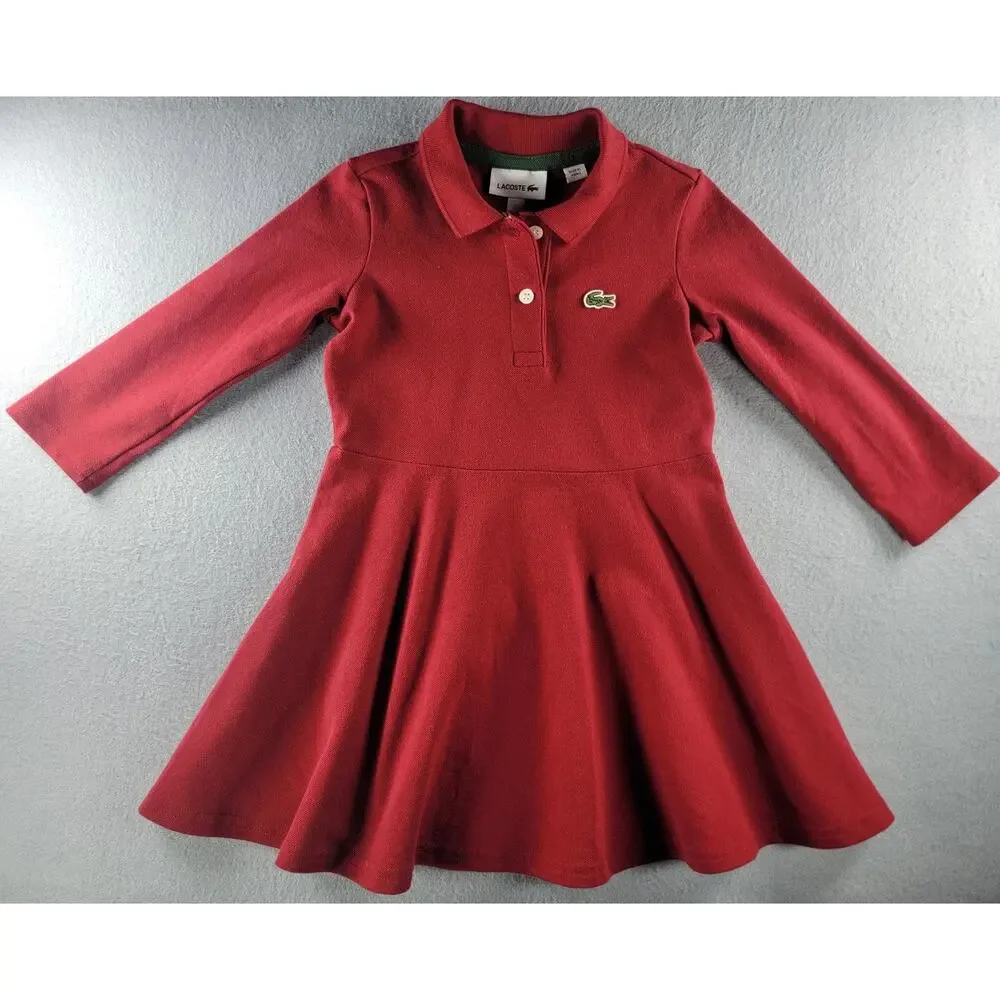 Lacoste Girls Red Long Sleeve Polo Dress Size 2 Preppy Tenniscore